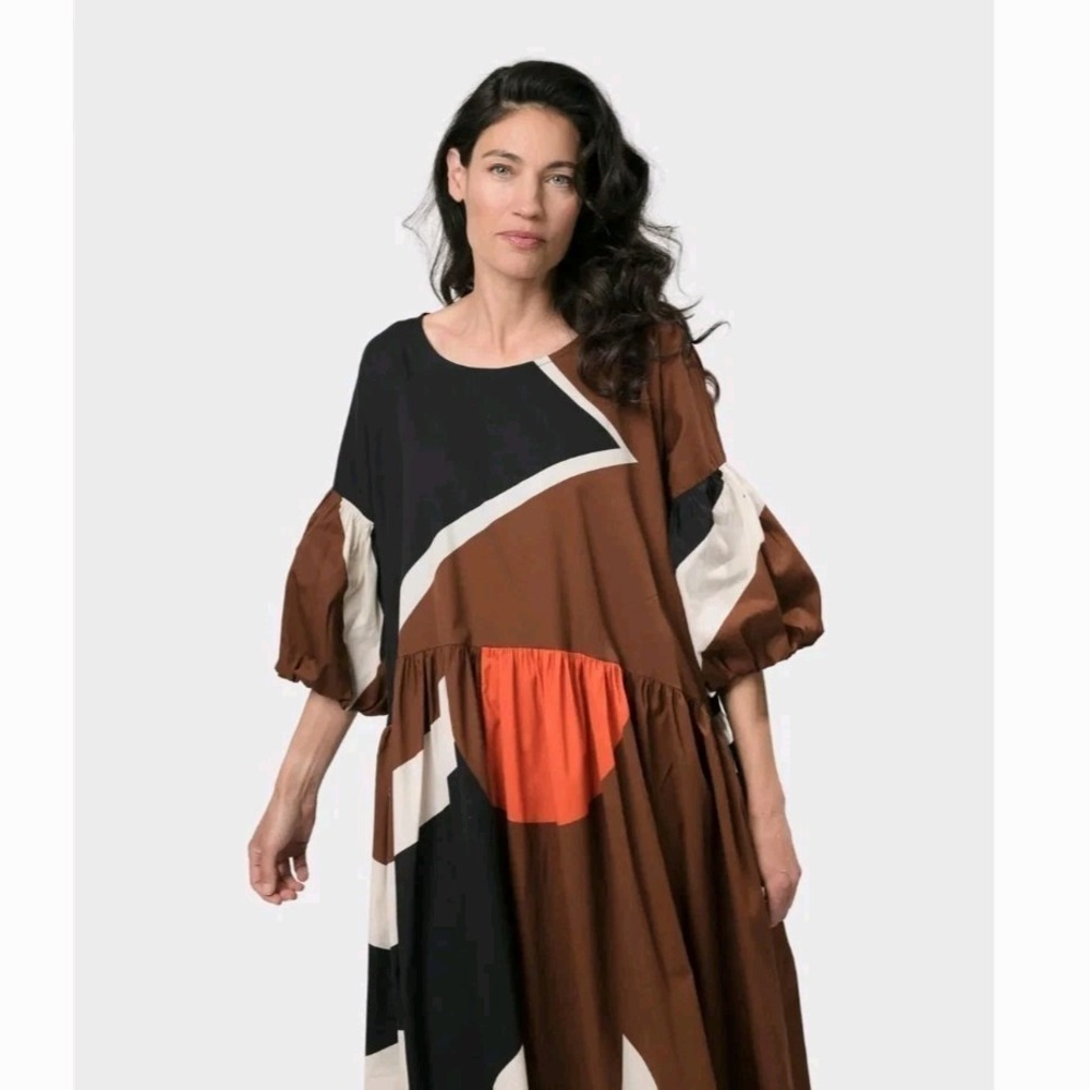 Alembika Dress Small‎ Josie Color Block Brown Black Cotton Puff Sleeve Pockets